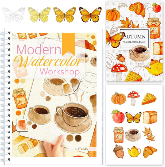 Watercolor Workbooks with Step by Step for Adults Teens - Beginner Watercolor Workbook with 12 Coloring Book Pages -100% Cotton 300gsm/140lb Watercolor Paper (Autumn)