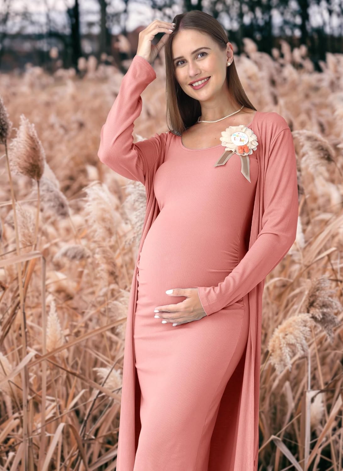 Rnxrbb 2 PCS Fall Winter Maternity Dress Cardigan Set Long Bodycon Maxi Formal Dresses Boho Baby Shower for Women