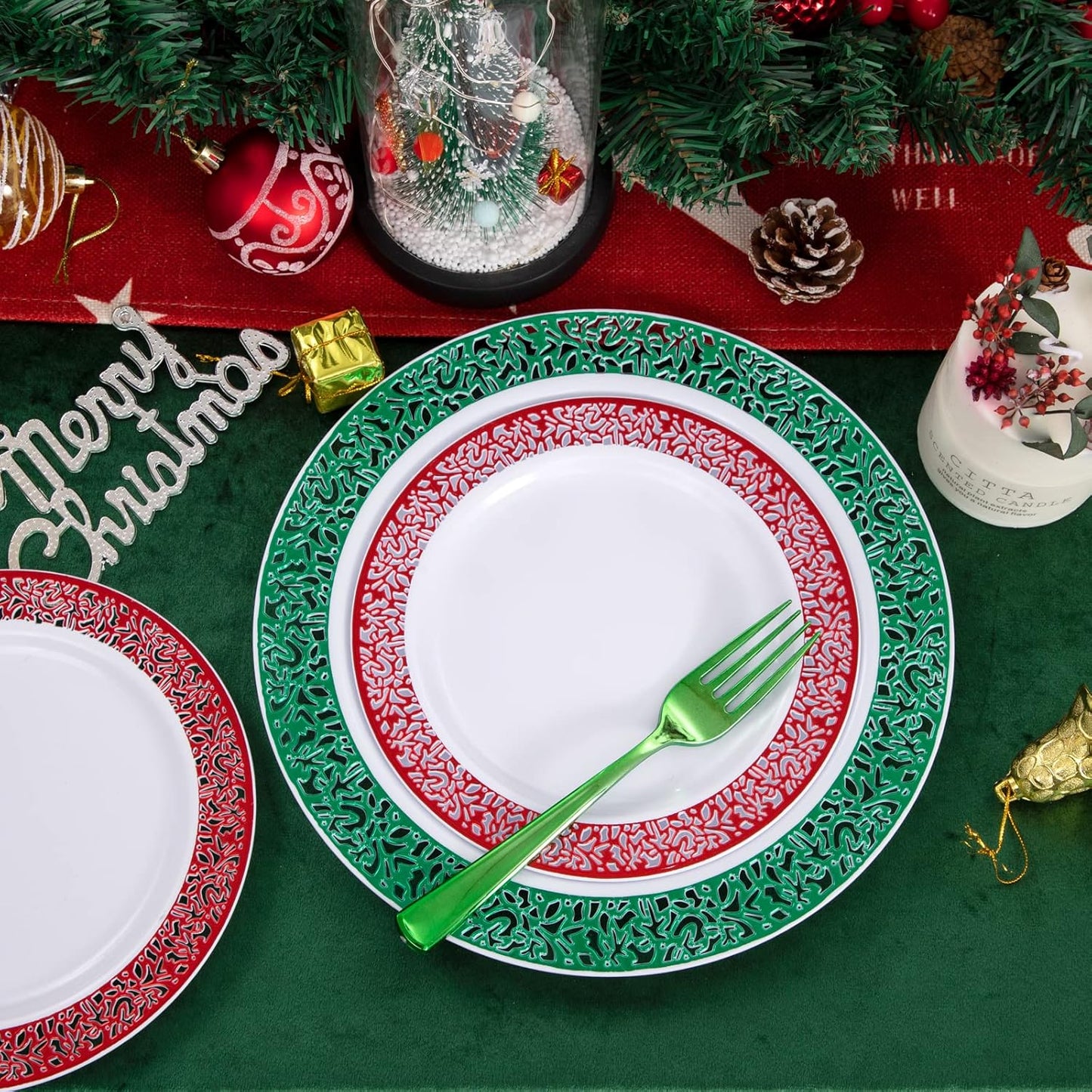 Rubtlamp 60PCS Christmas Plastic Plates, Red Lace Disposable Plates, White Heavy Weight Plates Sets Includes 30 Fancy Salad Platos 7.5”,30 Green Dinner Platos 10.25” For Christmas Party Wedding