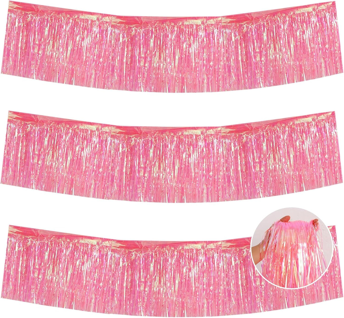 BEISHIDA 3 Packs Metallic Foil Fringe Garland Shining Pink Wall Hanging Tinsel Fringe Banners for Car Floats Bridal Shower Wedding Birthday Easter Graduation Holiday Party Decoration(30 Feet)
