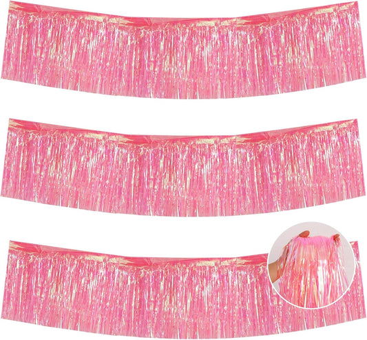 BEISHIDA 3 Packs Metallic Foil Fringe Garland Shining Pink Wall Hanging Tinsel Fringe Banners for Car Floats Bridal Shower Wedding Birthday Easter Graduation Holiday Party Decoration(30 Feet)