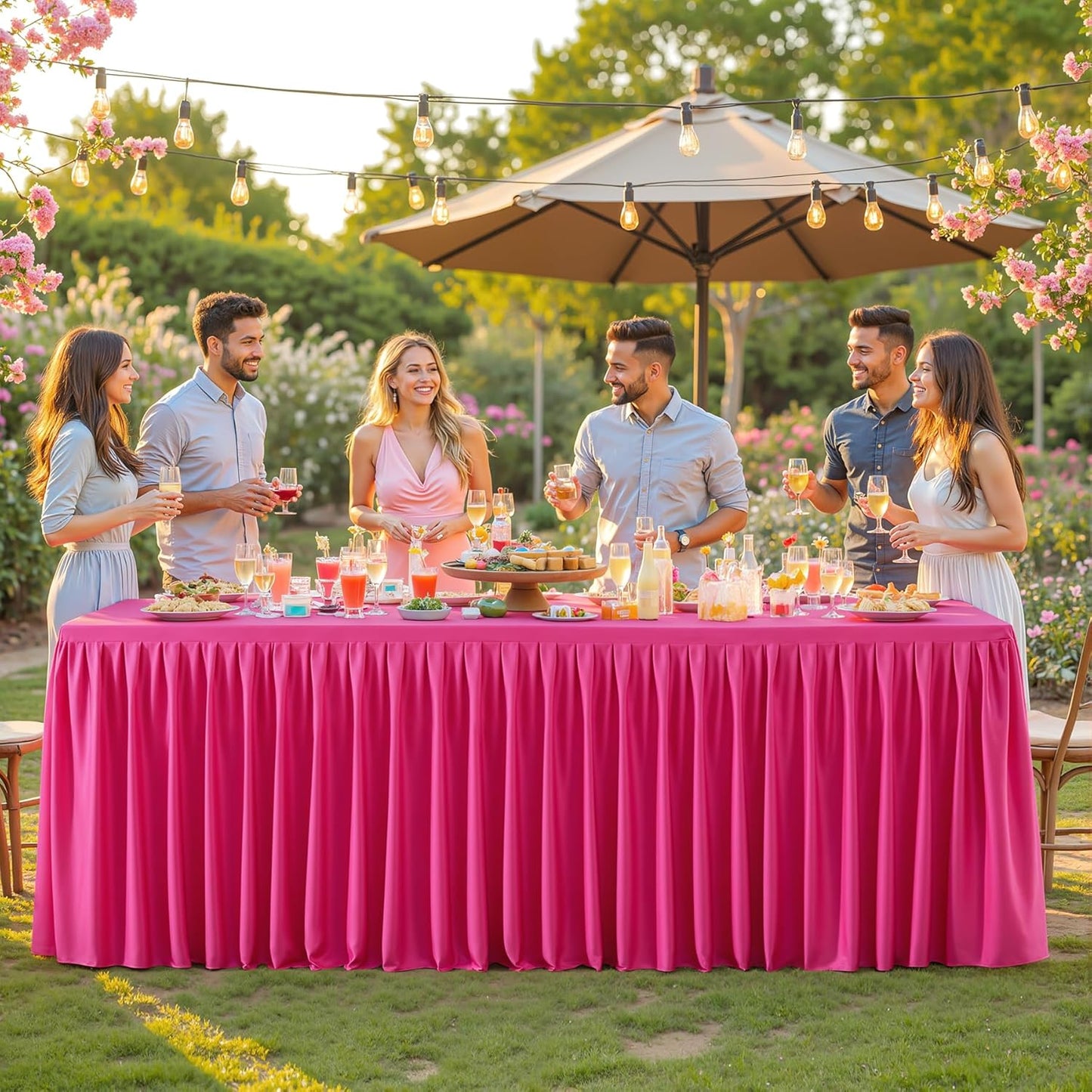 1 Pack Hot Pink Rectangle Table Clothes for 4 Foot Tables, Polyester Wrinkle Free Fitted Tablecloths 4ft Stretch Table Cover with Skirt for Wedding, Birthday, Parties, Trade Show, Craft Show