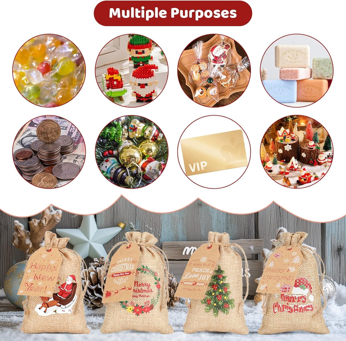 Tapleap Small Burlap Coth Christmas Gift Bags with Drawstring, 4x6 Inches (Lot of 40) with Tags, String, for Wrapping Holiday Party Favors or Gifts for, Kids Class, Coworkers, and Neighbor