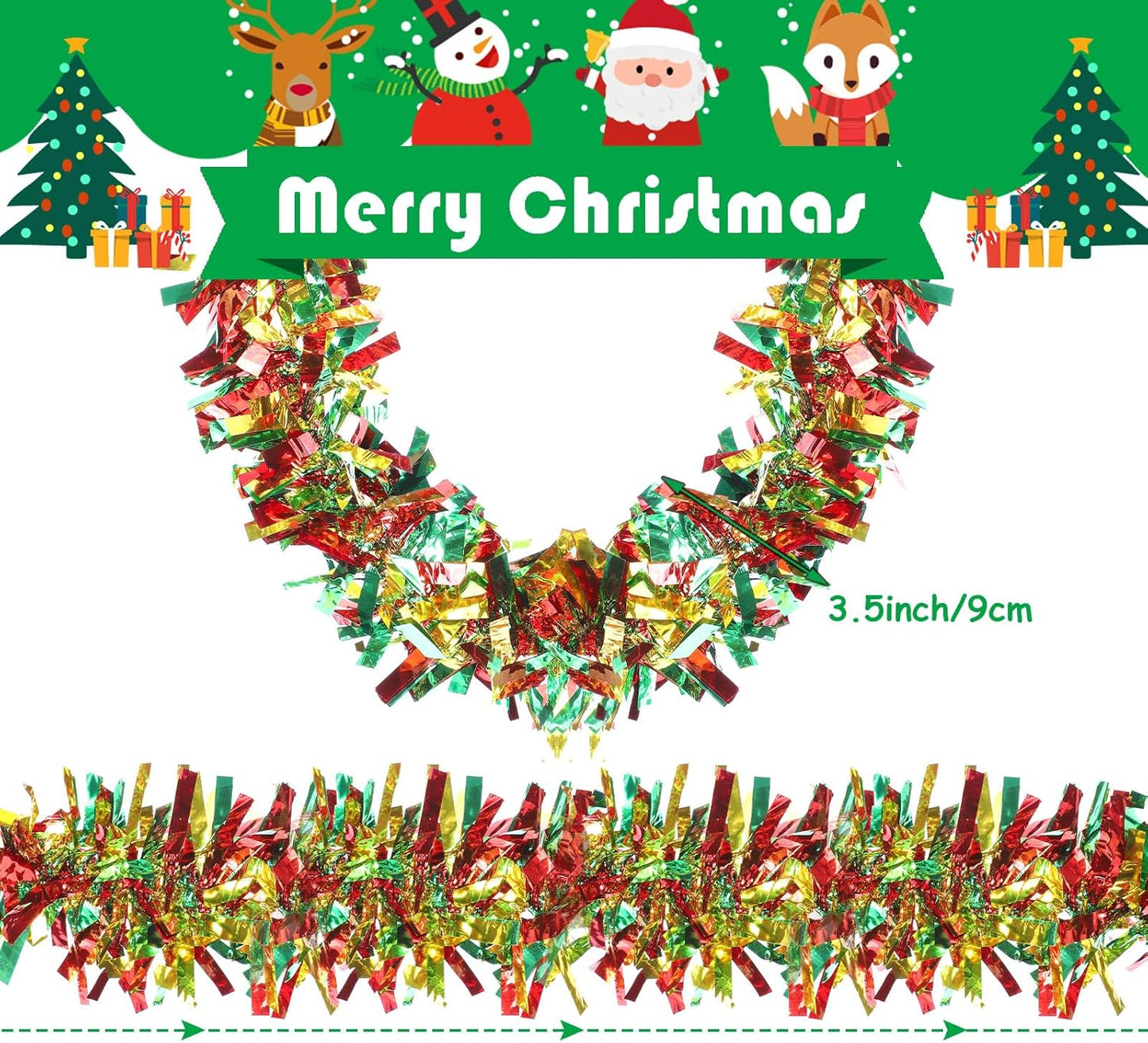 Sosation 100 ft Christmas Tinsel Garland Christmas Tree Twist Garland Bulk Glitter Metallic Streamer Indoor Outdoor Hanging Xmas Decorations(Gold Red Green)