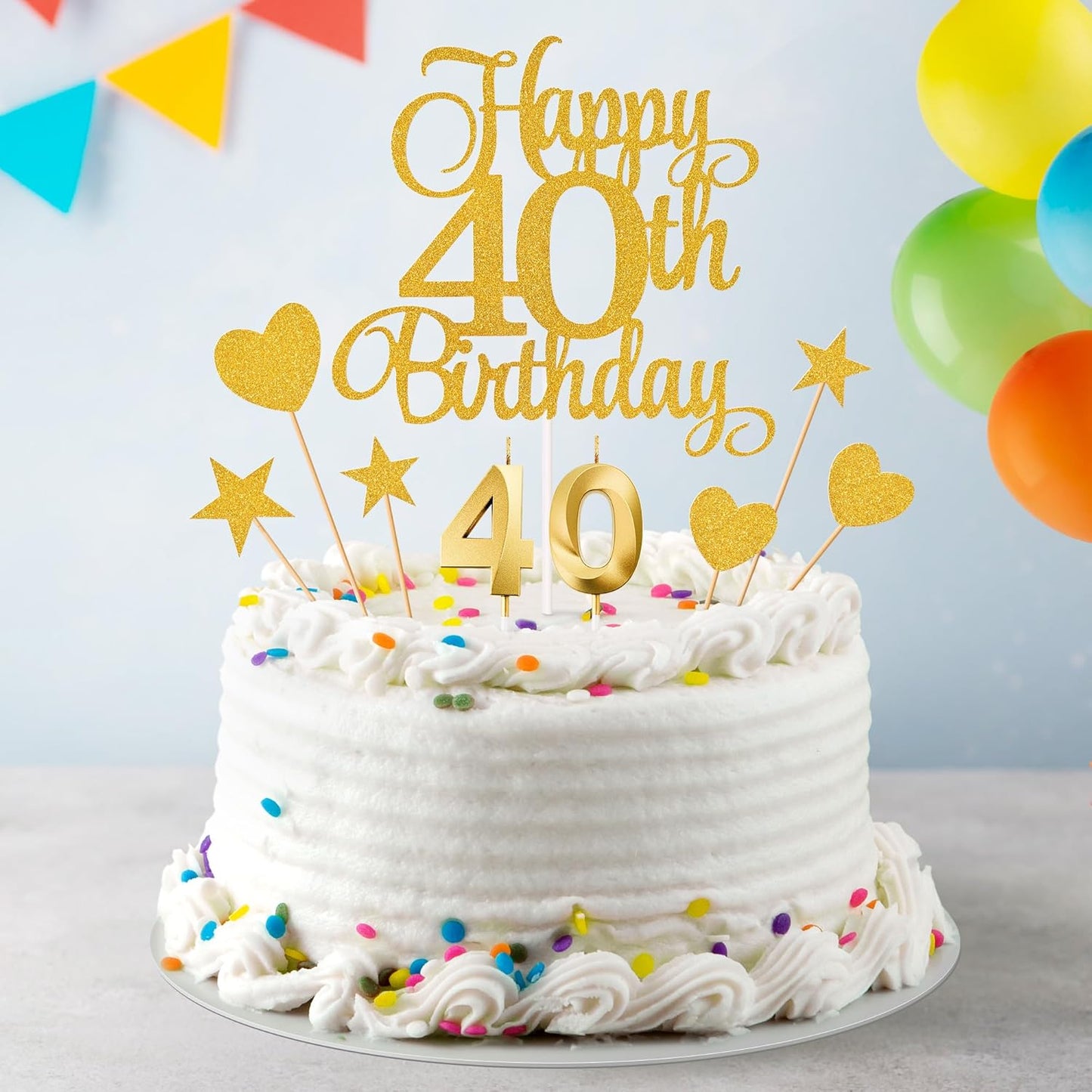 40th Birthday Cake Decorations, 40th Birthday Candles Cake Numeral Candles and Glitter Happy 40th Birthday Cake Toppers Set for Birthday Party Supplies (Gold)