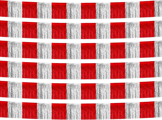 6 Pack 10 Feet Red Silver Foil Fringe Garland Metallic Tinsel Streamers Banner Wall Hanging Curtain Backdrop Banner for Parade Floats, Thanksgiving, Christmas, Birthday, Halloween Party Decorations