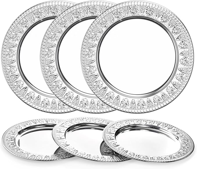 ZENFUN 6 Pack 12" Stainless Steel Charger Plates, Round Metal Plates with Flower Pattern, Large Serving Camping Plates for Home Kichten, Banquets, Parties, Restaurants
