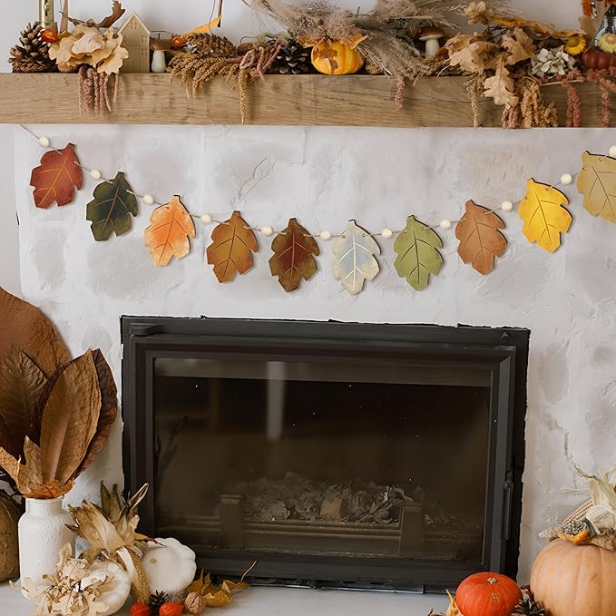 8.2 ft Fall Decorations Wooden Maple Leaf Garland Autumn Leaves Banner Multicolor Thanksgiving Banner Rustic Farmhouse Wood Bead Garland Hanging Decor for Fireplace Mantel Wall Home Window