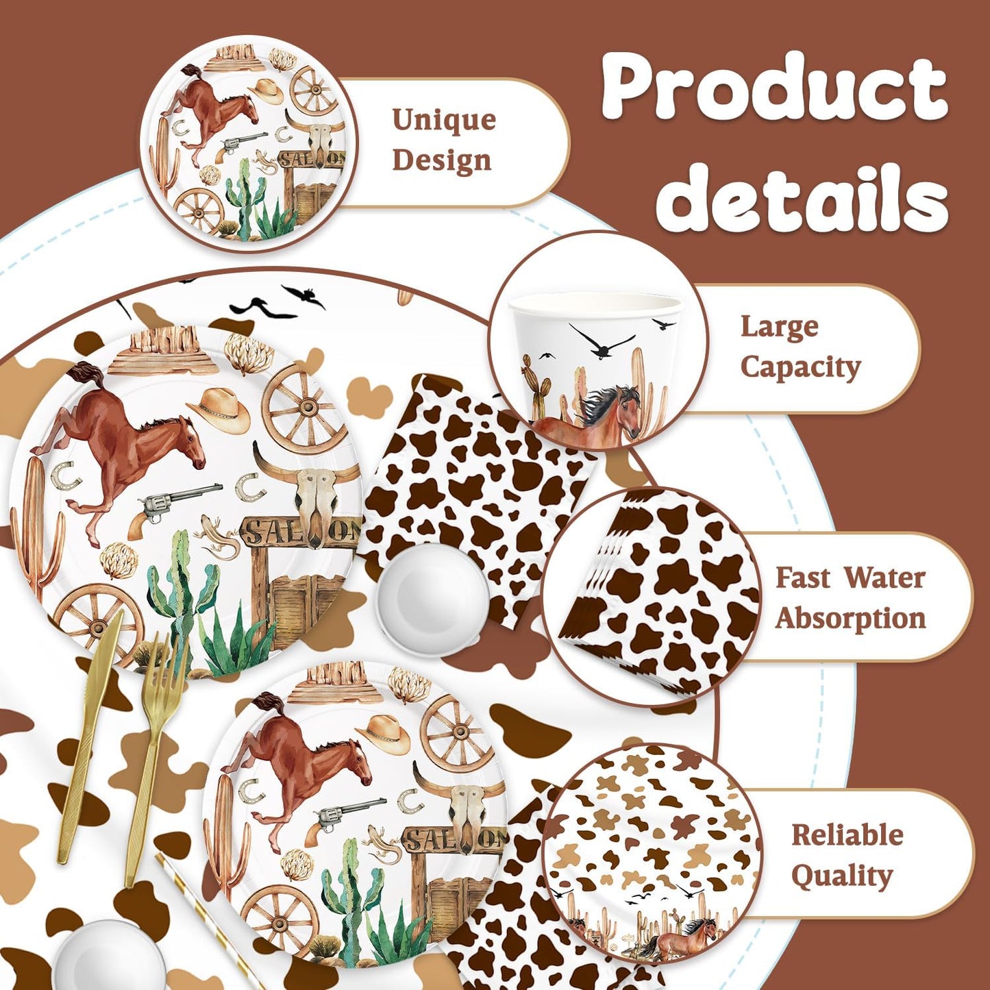 141pcs Cowboy Party Decorations,Cowboy Party Disposable Tableware Includes Dinner Plate Dessert Plate Paper Napkin Cup Knife Fork Straws Tablecloth Western Cowboy Baby Shower Supplies set