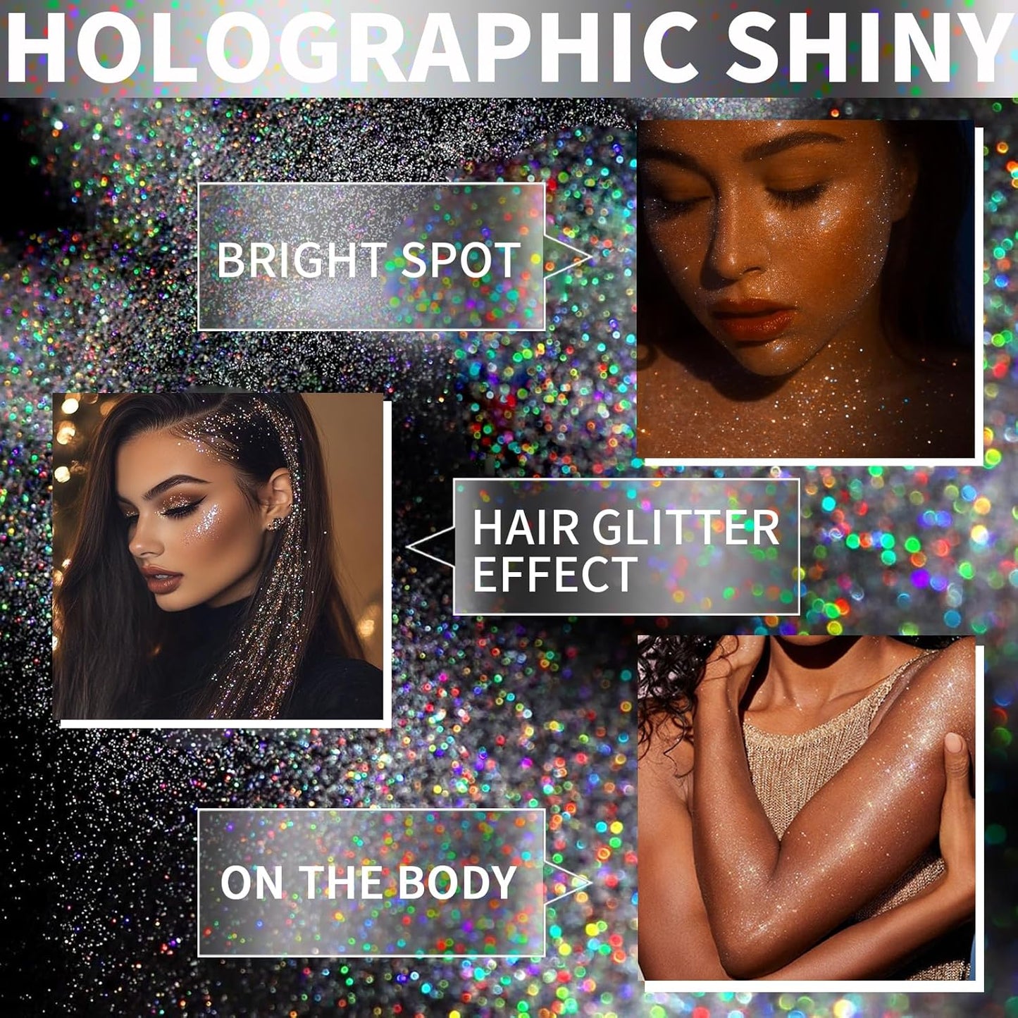 Hair Glitter Body Glitter Spray, 150ML Glitter Hairspray Holographic Silver Glitter Spray for Hair and Body, Hair Glitter for Kids Women, Body Shimmer Festival Makeup 4.2 Fl Oz