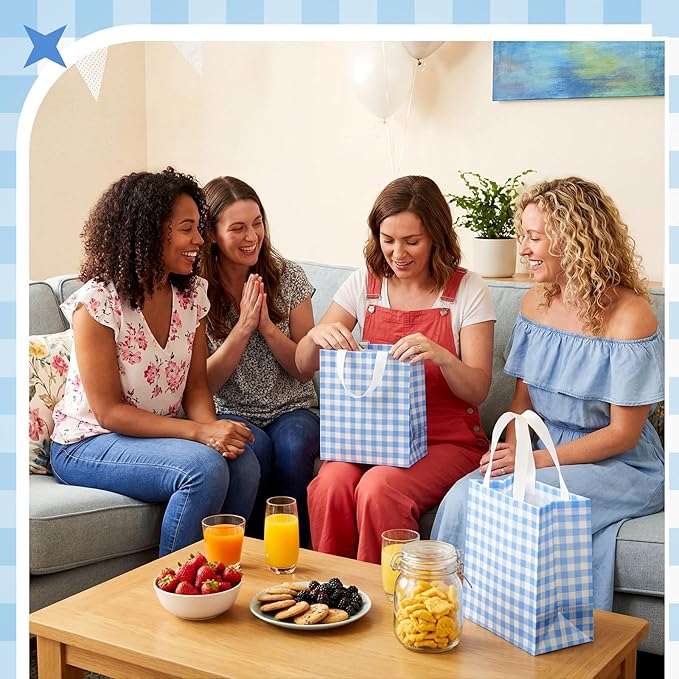 Sweetude 16 Pcs Blue White Checkered Gift Bags with Handles Gingham Blue and White Party Favors Non-woven Reusable Tote for Women Wedding Birthday Baby Shower Mother's Day Party Decorations