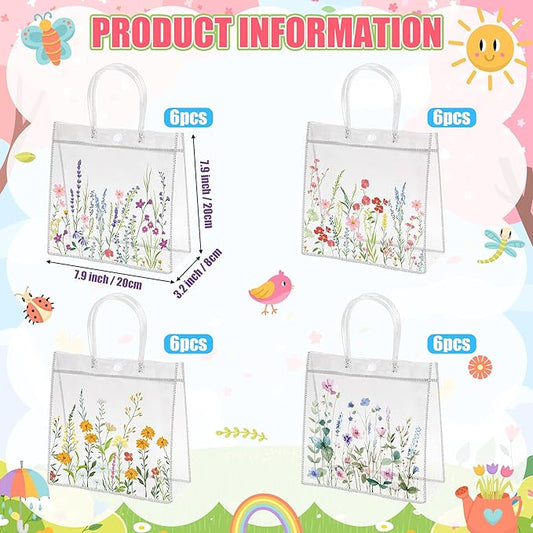 H1vojoxo Spring Wildflower Gift Bags - 24PCS Spring Wildflower Clear PVC Gift Bags with Handle Bulk Reusable Goodie Snack Treat Plastic Gift Wrap Tote Bag for Floral Themed Baby Shower Party Favors