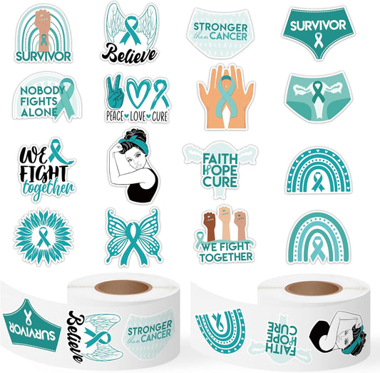 1000pcs Ovarian Cancer Awareness Sticker Rolls (2 Rolls), Teal Ribbon Shaped Sexual Assault Awareness Survivor Stickers Decorative Decals, Self-Adhesive Stickers for Scrapbooks Event Gifts
