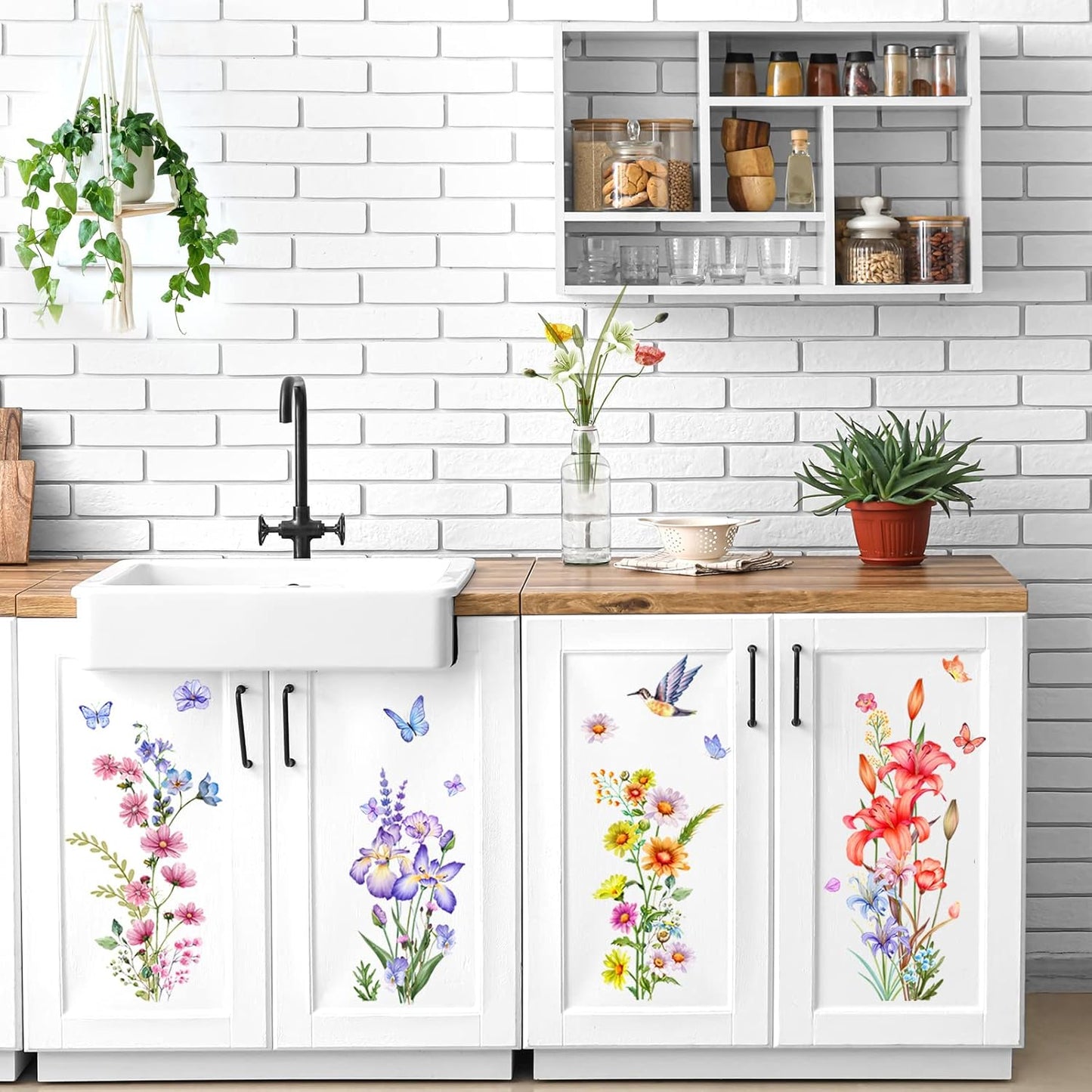 Watercolor Flower Wall Decals Stickers Birds Butterfly Floral Wall Stickers Removable Wildflower Wall Decor for Summer Girls Bedroom Living Room Nursery Decoration