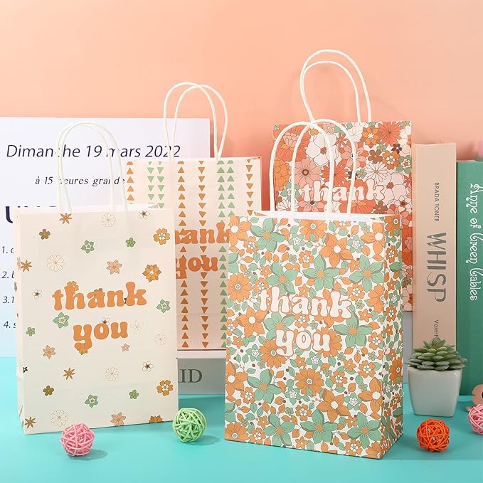 AnyDesign 12 Pack Boho Thank You Gift Bags Bulk Retro Rainbow Flower Paper Bags with Handle Candy Goody Party Favor Bags for Wedding Birthday Baby Shower Bridal Party Supplies, 5.9 x 8.3 x 3.1 Inch