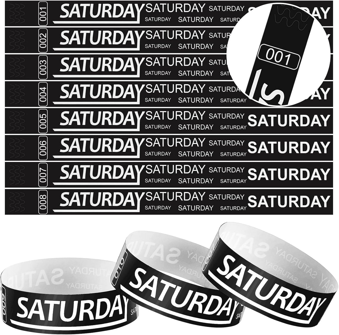 Henoyso 600 Pcs Saturday Paper Wristbands Event Admission Paper Bracelets Numbered Waterproof Party Armbands for Events Day of The Week(Black)