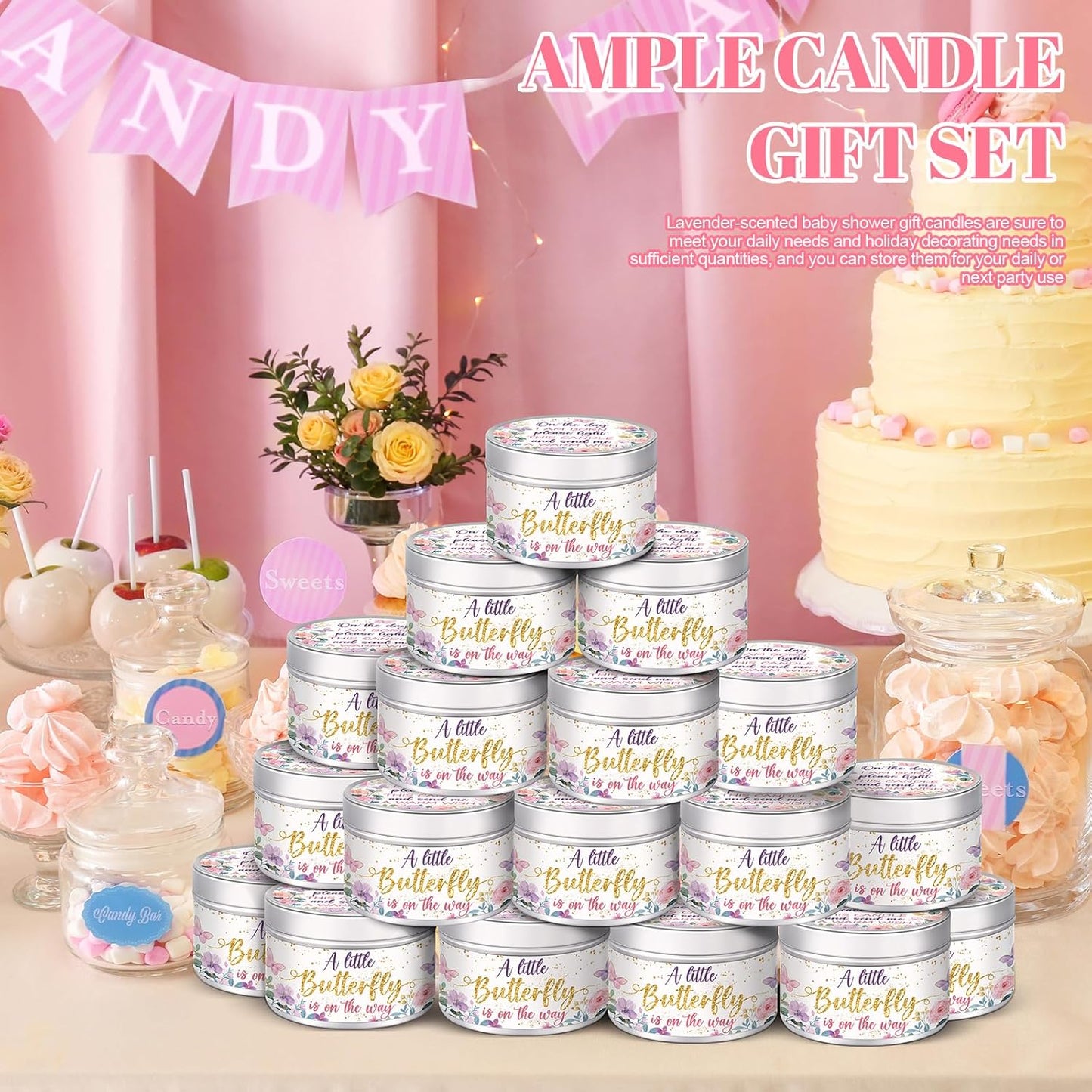 MTLEE 24 Pcs Butterfly Baby Shower Party Favors Candles Lavender Scented Baby Shower Favors for Guests Rustic Tealights Candles Gender Reveal Return Gifts Girl Boy(1.2 Oz, Gold)
