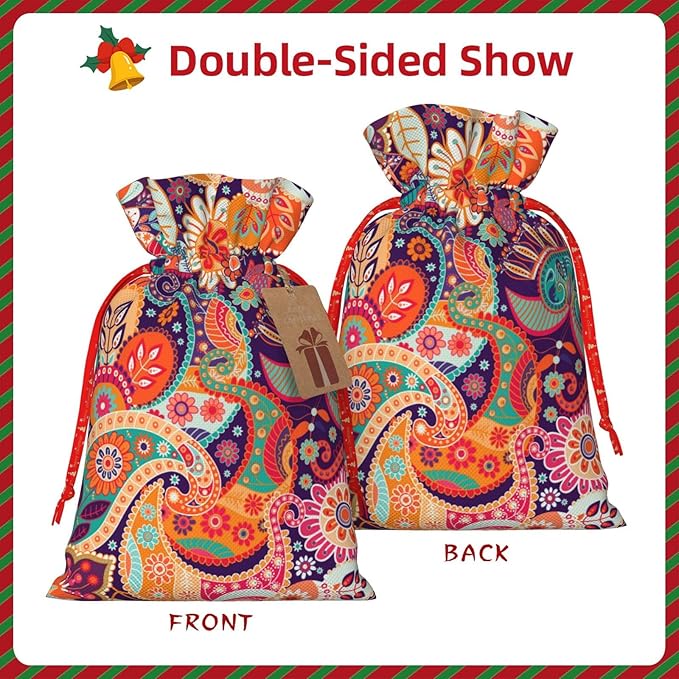 Jhggffd Boho Floral Colorful Bohemian Flower Christmas Gift Bags Christmas Treat Bags Cloth Christmas Gift Bag Drawstring Christmas Bags for Gifts Favor Bags Reusable Xmas Gift Bags for Holiday Party