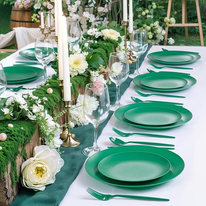 EI 150pcs Green Plastic Plates,Green Disposable Plates Heavy Duty,Fancy Plastic Dinnerware Set,Dinner Plate for Party,Picnic,Birthday,Wedding Afternoon Tea Spring,St. Patrick's Day