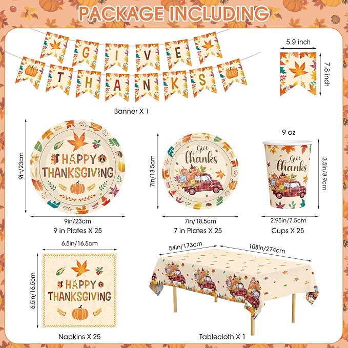 102 Pcs Thanksgiving Party Supplies Sets - Includes Happy Thanksgiving Dinner Paper Plates Napkins, Give Thanks Banner Dessert Plates Cups Tablecloth for Fall Thanks Giving Party Decorations, Serve 25