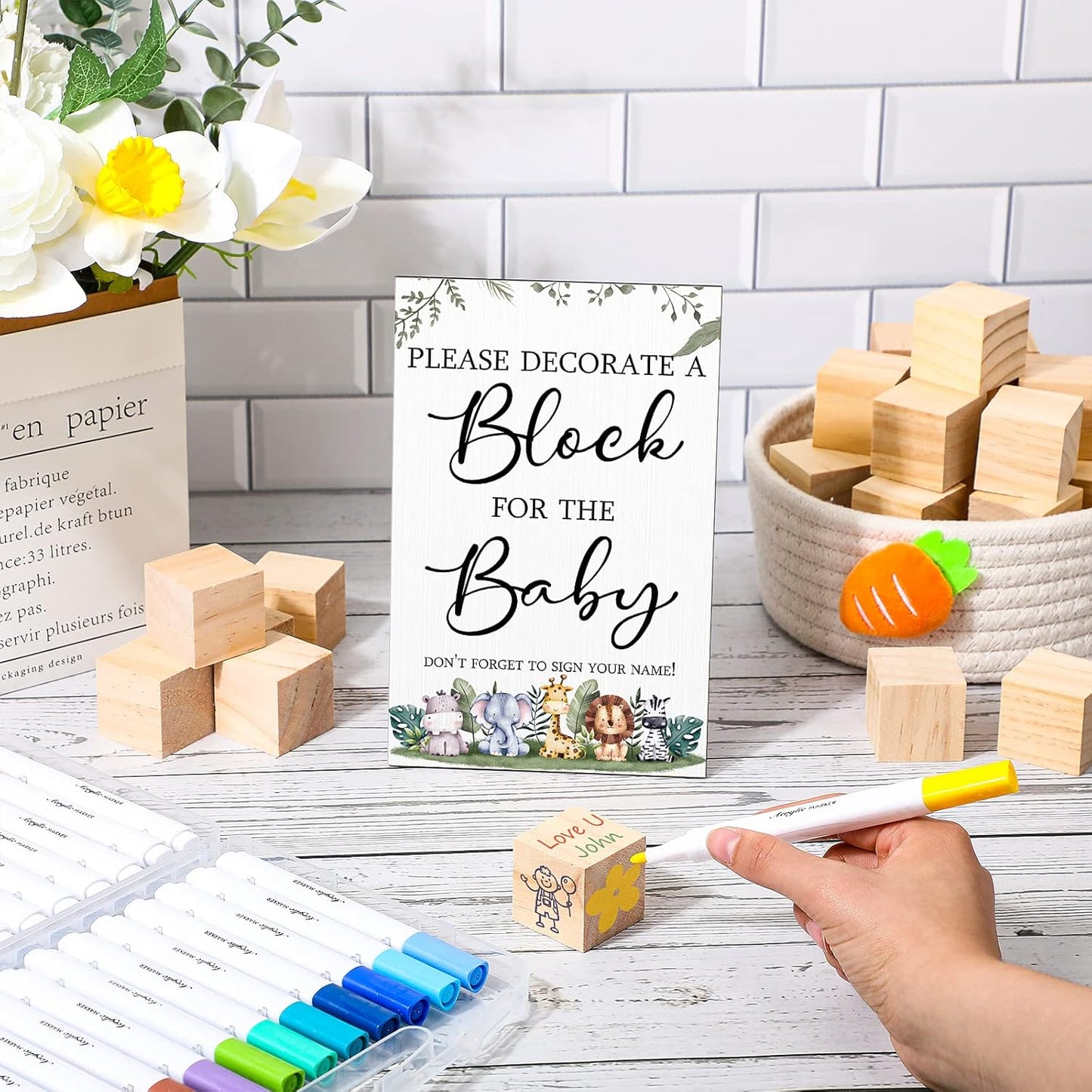 Tatuo 75 Pcs Baby Shower Games Sign Kit Including Decorate a Block Game Sign 50 DIY Wooden Block 24 Acrylic Paint Marker Baby Shower Prize for Gender Reveal Party(Safari)