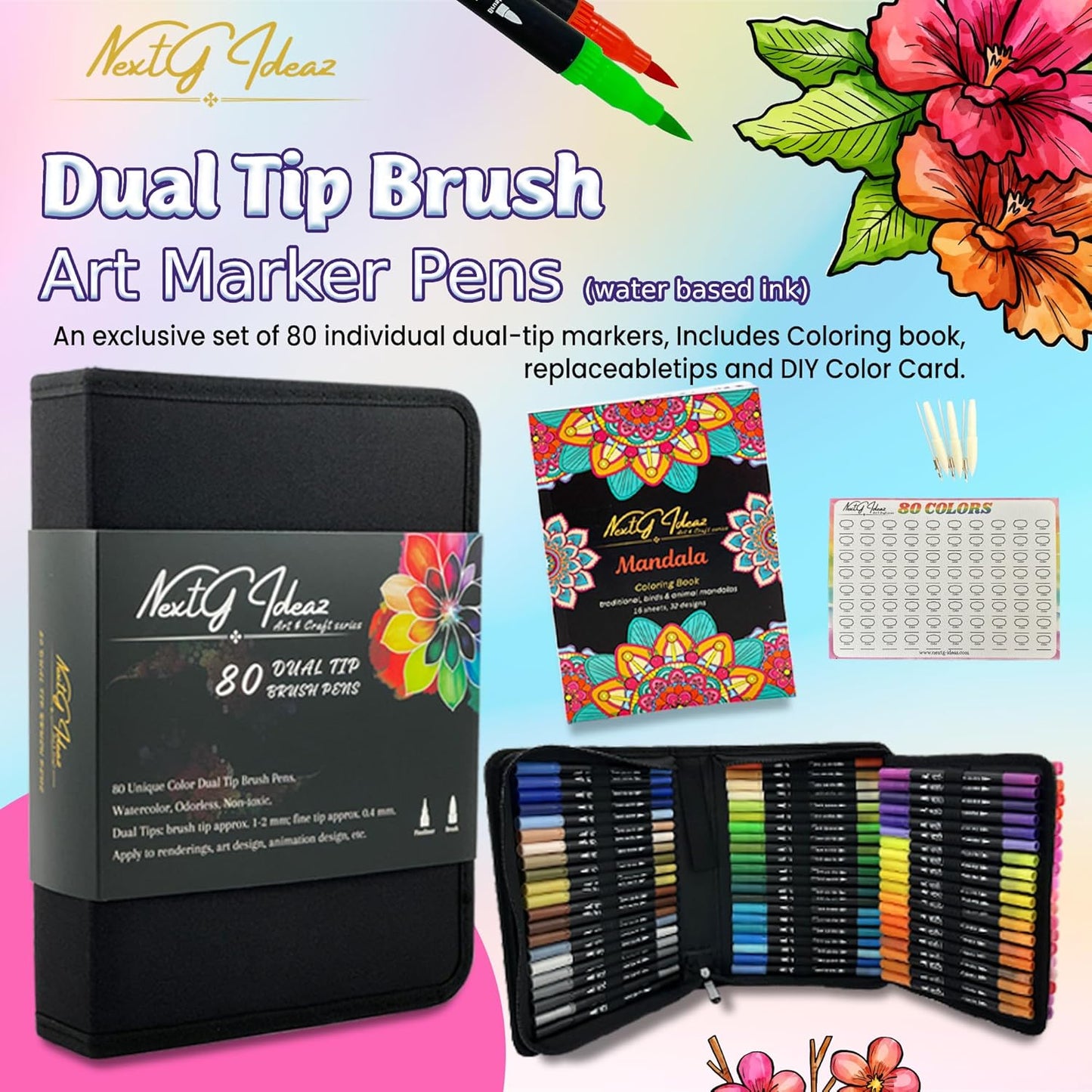 Dual Tip Brush Art Marker Pens, 80 Unique Bright Color, Water-Based Ink, Fineliner & Brush Tip Pens for Arts Lovers Coloring Drawing Book, Calligraphy Writing, Sketching and Doodling