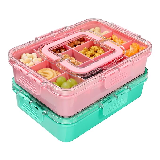 2 Pcs Snack Box Container for Kids - Adjustable 12-Compartment Snack Containers, Reusable Bento Box, Dishwasher Safe, BPA-Free, Perfect for School, Travel, Camping & Picnic, Pink & Green