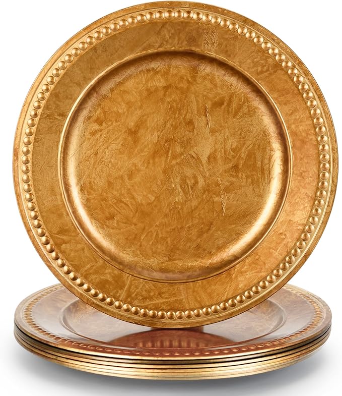 13" Vintage Gold Brown Charger Plate, Rustic Chargers for Dinner Plates, Elegant Table Setting Centerpieces Decor Bulk Wedding Christmas Thanksgiving Holiday Parties Events, Set of 6