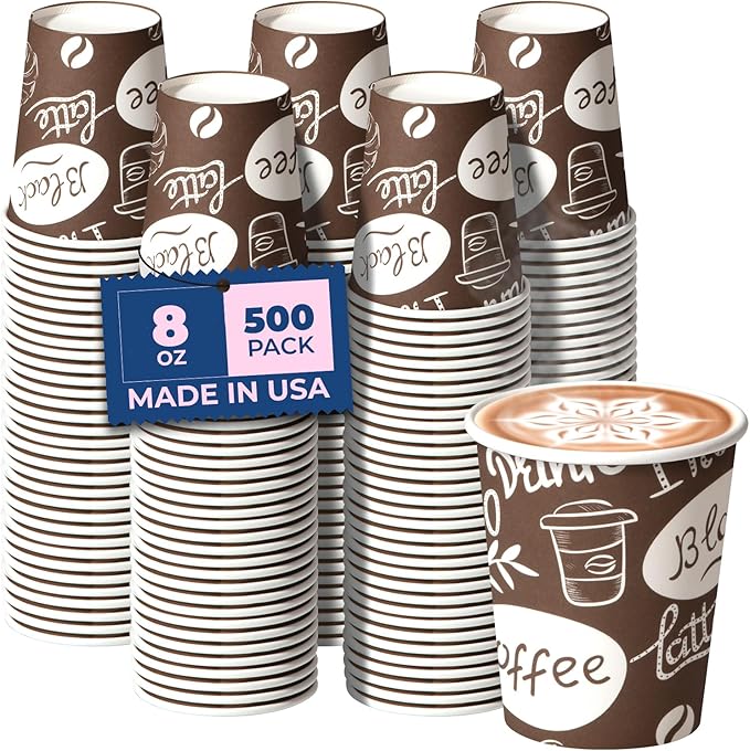 Fit Meal Prep 8 oz Coffee Cups 500 Count, Leak-Proof Hot Cup, Disposable Paper Coffee Cup Bulk for Hot/Cold Beverage, Durable Thickened Paper Cups for Party, Office, Bussines, Home, Bistros
