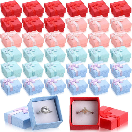 72 Pcs Ring Boxes 1.6 x 1.6 In Hard Cardboard Jewelry Box with Ribbon Bow Small Jewelry Gift Cases for Small Business(Stylish Color)