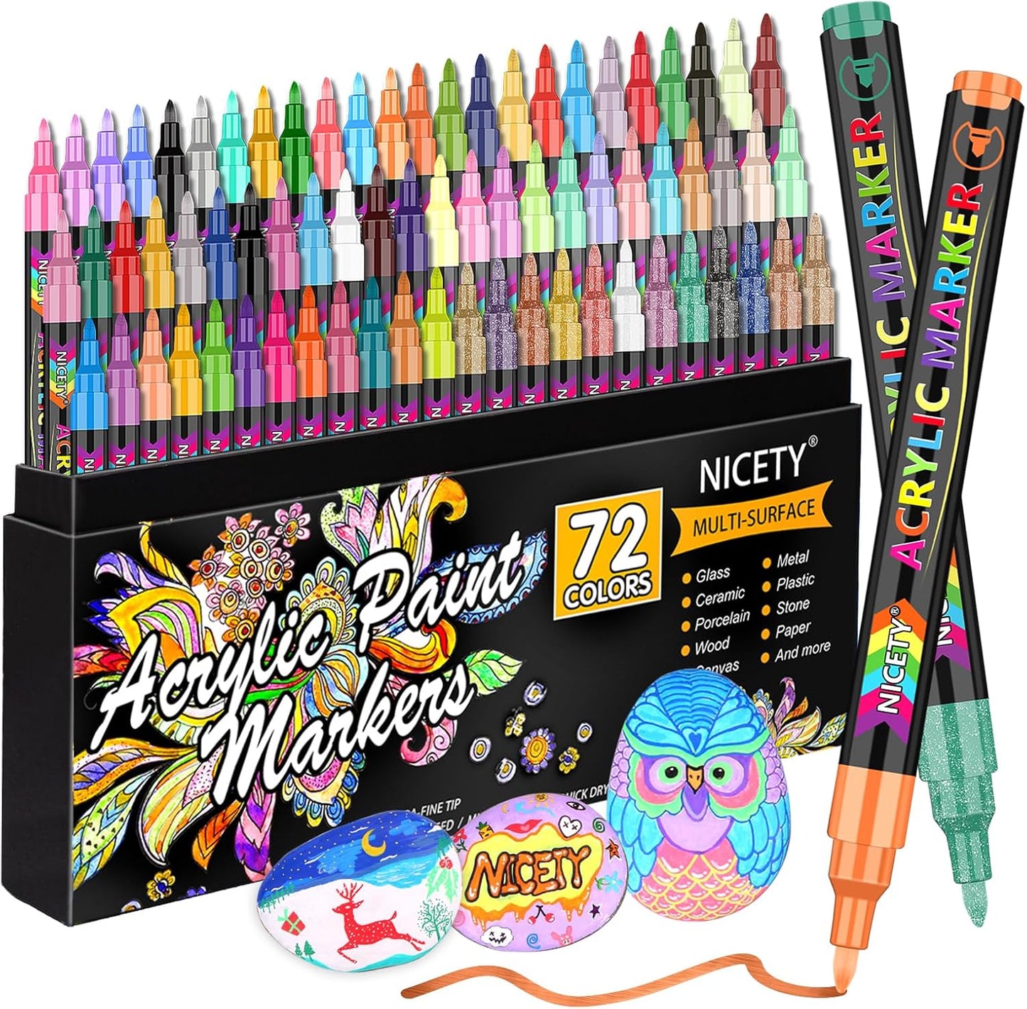 NICETY 72 Colors Acrylic Paint Pens Paint Markers, Extra Fine Tip Point Acrylic Paint Pens for Rock Painting, Canvas, Wood, Ceramic, Glass, Stone, Fabric, DIY Crafts & Art Supplies