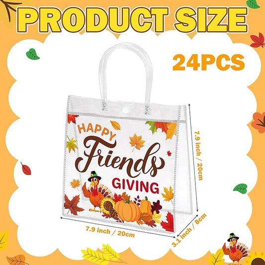 H1vojoxo Friendsgiving Party Gift Bags - 24PCS Happy Friendsgiving Clear PVC Gift Bags with Handle Reusable Thanksgiving Goodie Treat Candy Tote Bag Turkey Pumpkin Maple PVC Tote Bag for Party Decor