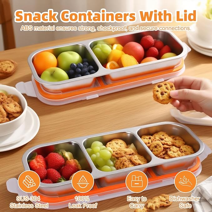Stainless Steel Snack Containers with Lids, Reusable Condiment Storage Box, Divided Food Storage for School, Home, Travel, Multiple Compartment Leak-Proof Box (‎3 Compartment 3PCS)