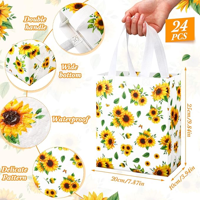 Supervitae 24 Pack Sunflower Theme Gift Bags Medium Goodie Floral Party Favor Bags Reusable Non Woven Totes for Birthday Wedding Baby Shower Party Family Holiday Travel(9.8" x 7.9" x 3.9")