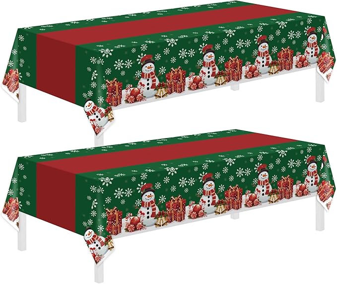 Childom 2 Pack Christmas Tablecloth,Disposable Plastic Tablecloth 54" x 108" Christmas Decorations Xmas Party Supply,Snowman Green Table Cloth,Plastic Table Cover for Indoor,Outside,Home,Dinner,Party