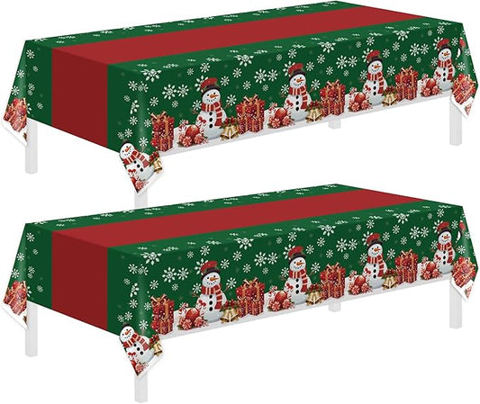 Childom 2 Pack Christmas Tablecloth,Disposable Plastic Tablecloth 54" x 108" Christmas Decorations Xmas Party Supply,Snowman Green Table Cloth,Plastic Table Cover for Indoor,Outside,Home,Dinner,Party