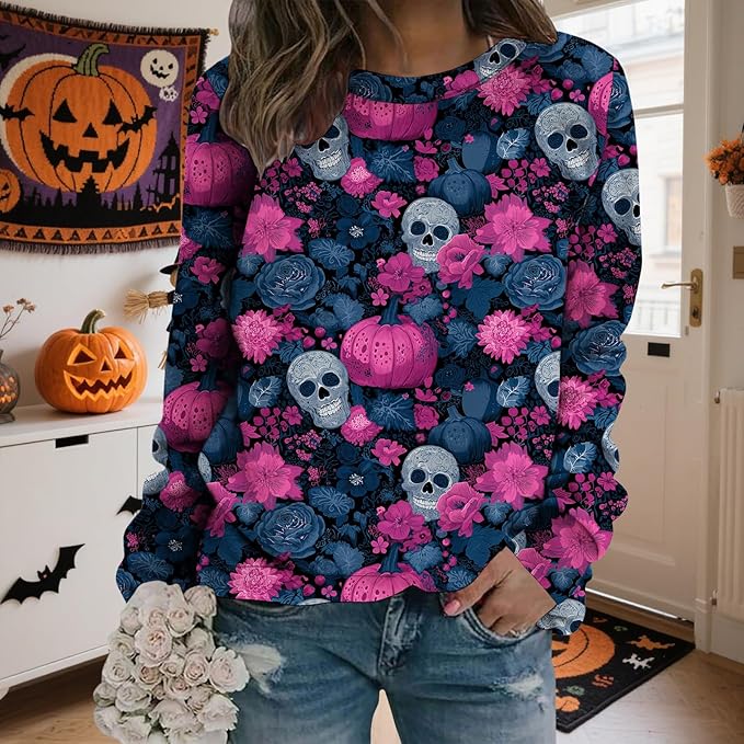 LIZALIG Pullover Cute Sweatshirt Orange Skeleton Fall Festive FunWomens Design Bat Holiday Party Outings Pumpkin Print