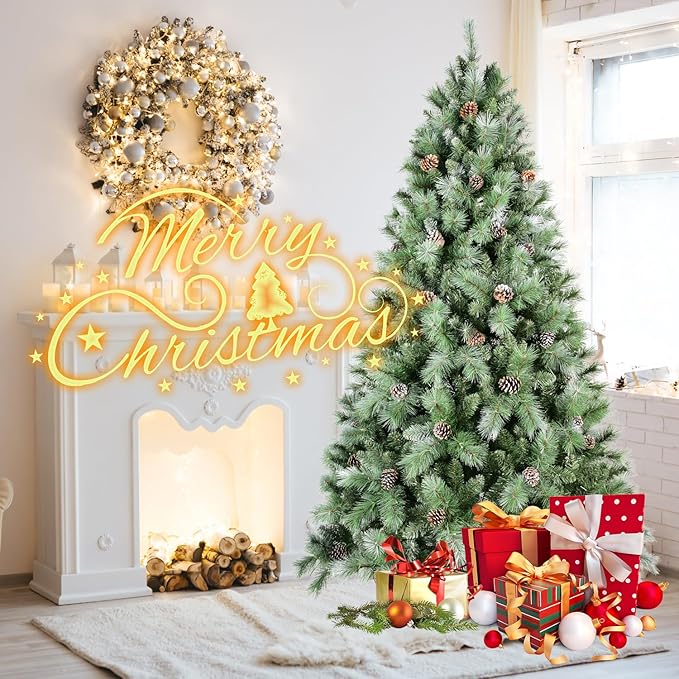 7FT Frosted Christmas Tree with 82 Pine Cone & Pine Needles, Premium Unlit Artificial Christmas Tree with 1348 Branch Tips, Realistic Hinged Xmas Trees with Metal Stand for Holiday Decoration