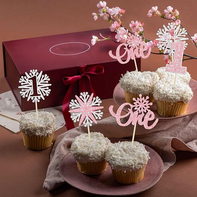 24Pcs Snowflake One Cupcake Toppers Pink Glitter Winter Snowflake 1st Birthday Cupcake Picks First Birthday Cake Decorations for Winter Wonderland Kids 1st Birthday Party Supplies
