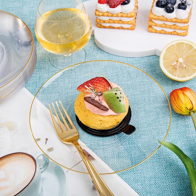 Nervure 100Pieces Clear and Gold Rim Plastic Plates - 7.5inch Disposabl Salad Dessert Plate - Clear and Gold Party Plates Ideal for Wedding & Party (Pack of 2)