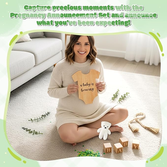 12Pcs Pregnancy Announcement Set Pregnancy Reveal Ideas Include Wooden Sign Beads Garland Wood Blocks Eucalyptus Leaves and Bear Coming Soon Baby Announcement Props for Grandparents Dad Husband Family