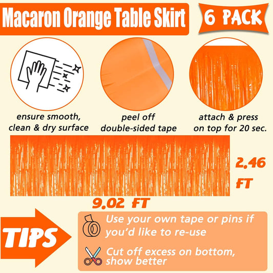 6 Pack 29x108 Inch Orange Metallic Foil Fringe Table Skirts Banner for Tinsel Streamer Garland Curtains Backdrop for Parade Floats Wedding Baby Shower Birthday Christmas Halloween Party Decoration