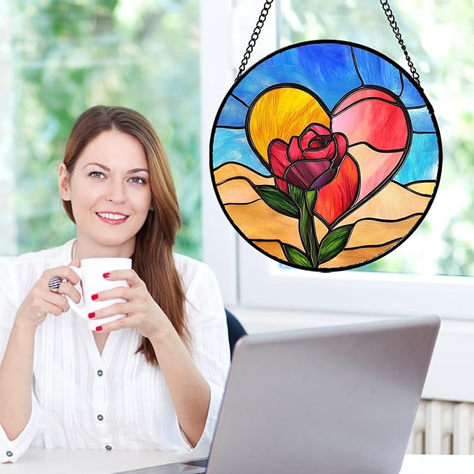 Stained Glass Window Hanging Pink Heart Roses 7.8" - Suncatcher Door Garden Sun Catcher Home Decor Valentine Birthday Christmas for Mom Woman Lover Friends Wife Girl