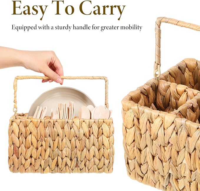 Hand-Woven Wicker Silverware Organizer, Water Hyacinth Plastic Cutlery Utensil Holder with Handle, Woven Picnic Caddy, Picnic flatware Organizer and Kitchen Countertop with Handle