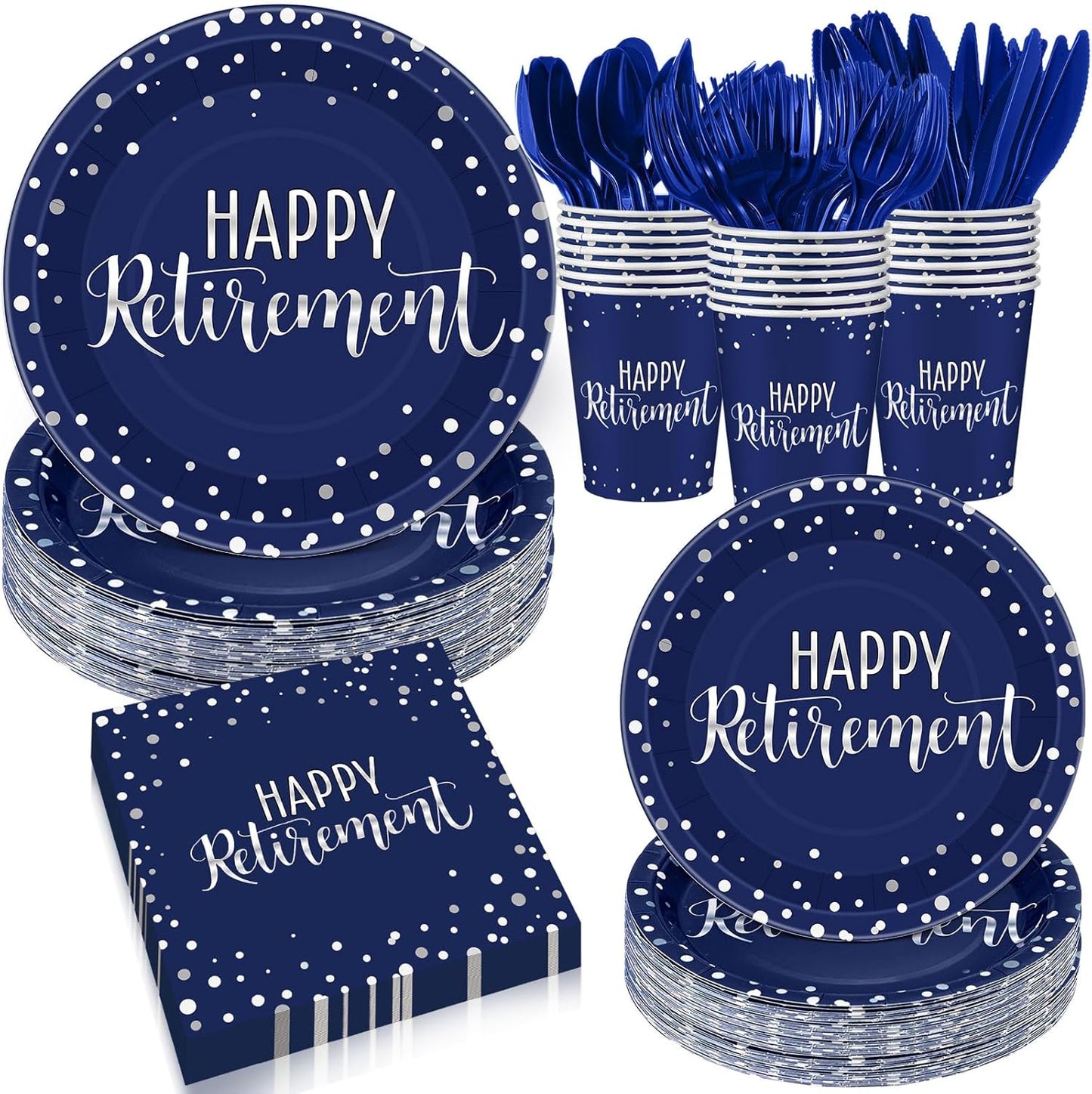 Pickmesh 192 Pcs Retirement Party Decorations Happy Retirement Paper Plates and Napkins Set with Cups and Knife Fork Spoon,Farewell Party Disposable Tableware for 24 Guest Women Men(Blue)
