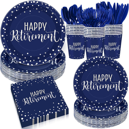 Pickmesh 192 Pcs Retirement Party Decorations Happy Retirement Paper Plates and Napkins Set with Cups and Knife Fork Spoon,Farewell Party Disposable Tableware for 24 Guest Women Men(Blue)