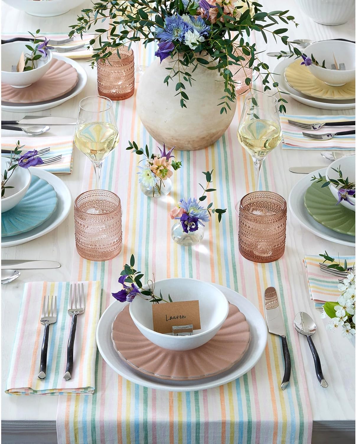 Solino Home Linen Table Runner 72 Inches Long - Julia, 100% Pure Linen Multicolor Muted Pastel Stripe Table Runner 14 x 72 Inch for Dining, Dresser