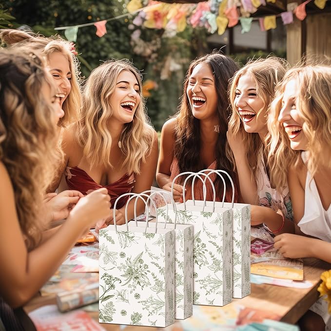 Gueevin 24 Pcs Sage Green Floral Gift Bags Bulk Flower Party Small Paper Bags with Handles Decorative Packaging Goodie Candy Treat Pouches for Wedding Birthday Tea Party, 5.9 x 8.3 x 3.1 Inch