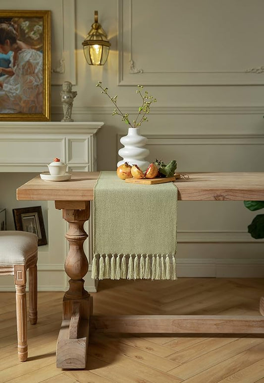 ZeeMart Sage Green Table Runners 36 Inches Long, Burlap Linen Style Rustic Farmhouse Table Runner, Small Short Boho Coffee Table Runner, 13x36 Inches, Light Sage Green