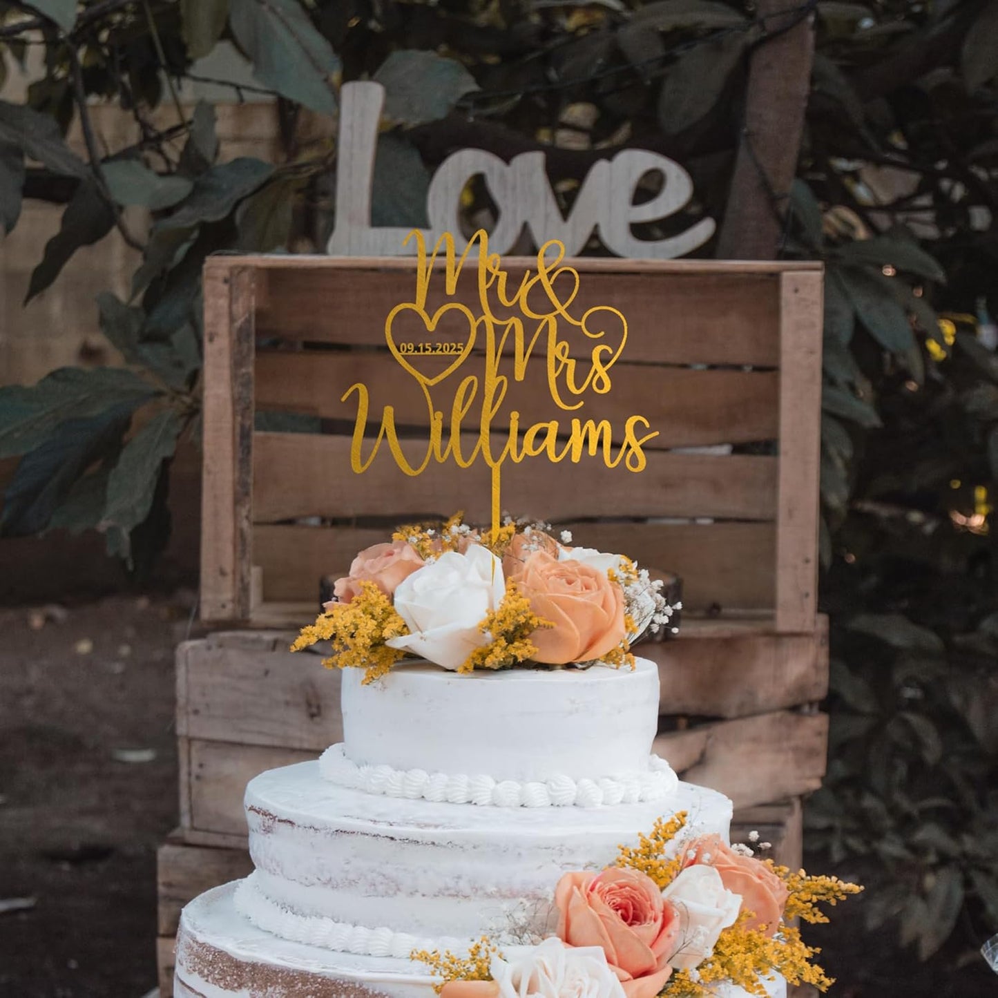 Noni Luxury Personalized Wedding Cake Topper with date and heart, Custom Couples Script Cake Topper for Weddings, Rustic Cake Topper, Custom Cake topper, Mr and Mrs Cake Toppers for Wedding